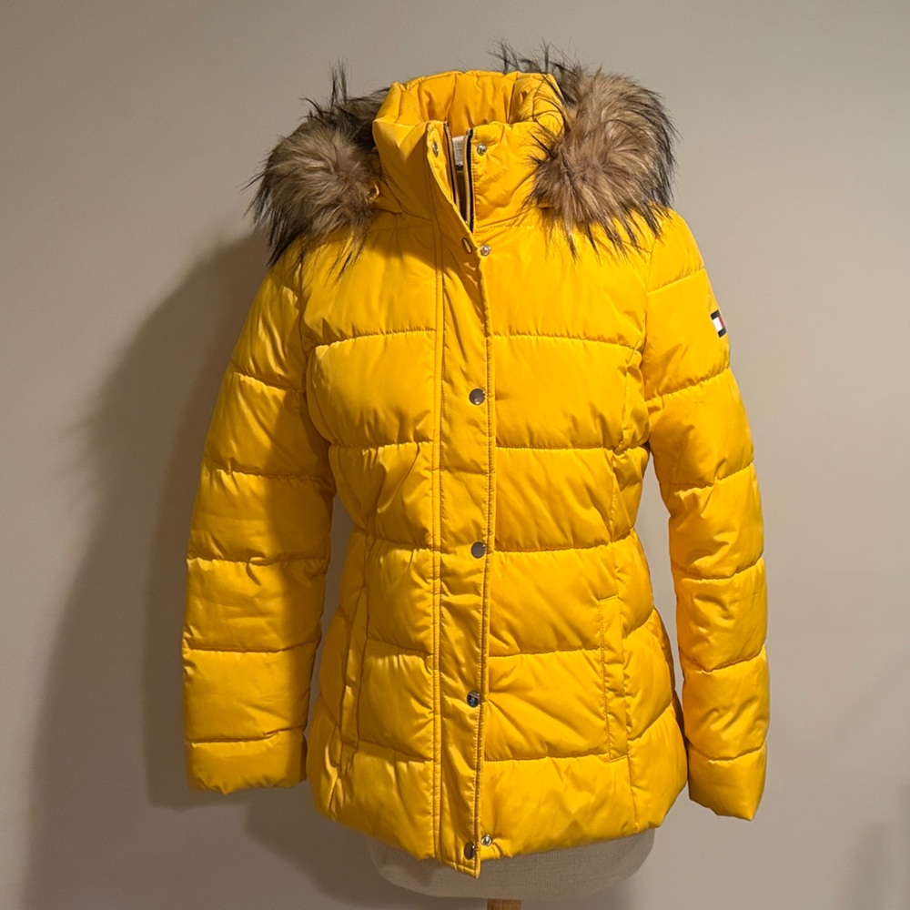 Tommy Hilfiger Yellow Bomber Jacket with Faux Fur Hood